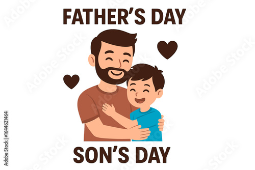Father's Day and Son's Day vector illustration. A happy father hugging his beloved son. Family love, parent and child relationship concept for a greeting card design.