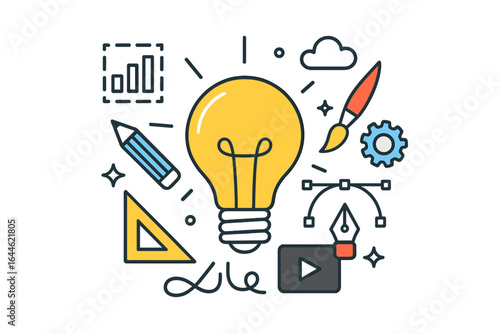 Creative idea lightbulb for graphic design, web development, and digital marketing. Vector icon concept for innovation, solution, startup, and content creation process.