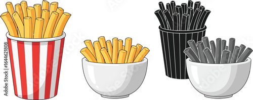 Crispy golden french fries in bowls and cups, ready to enjoy