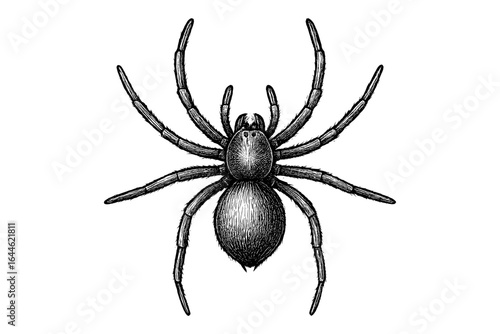 Hand drawn spider illustration in engraving style. Scary arachnid for Halloween. Vintage, gothic tattoo design element. Detailed entomology drawing, isolated vector insect.