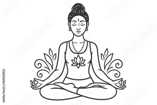 Woman meditating in lotus yoga pose. Padmasana for relaxation and spiritual wellness. Healthy lifestyle concept. Zen balance line art illustration for spa or tattoo design.