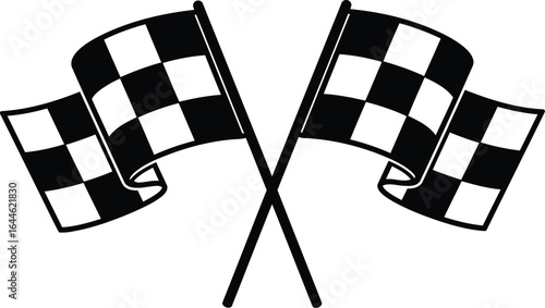 A black and white graphic of two crossed checkered flags, symbolizing the end of a motor race.
