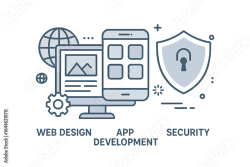 Web design, app development, and security concept. Vector line icon illustration for website, mobile app. Cybersecurity, data protection, and software programming banner.