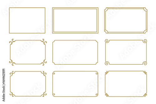 Elegant gold frame vector set. Collection of golden rectangular borders with ornamental corners. Vintage luxury design elements for invitations, certificates, or labels. Classic decorative line art.