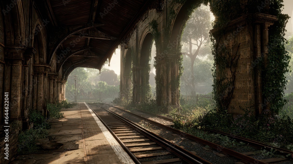 Obraz premium A forgotten railway station, overgrown with vegetation.