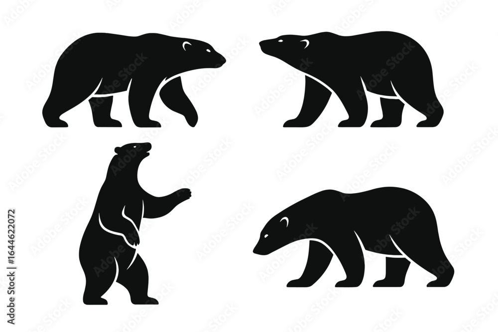 Fototapeta premium Polar bear silhouette collection. Various poses including standing and walking. Majestic arctic animal, powerful wildlife predator. Ideal for logo, emblem, icon, and brand mascot.