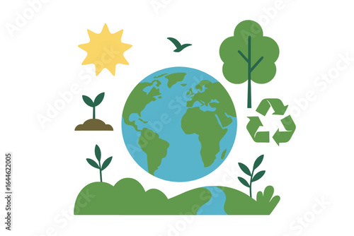 Earth Day vector illustration with planet globe, tree, and recycle symbol. Concept of environment conservation, ecology, sustainability, and green energy. Save our planet.