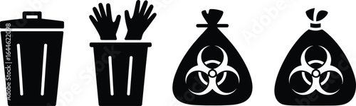 Biohazard and waste disposal safety icons set silhouette