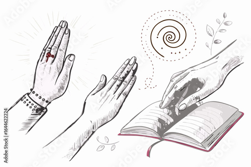 Hands of Devotion: A delicate, artistic rendering of hands in prayer, open and connected with faith and spirituality.