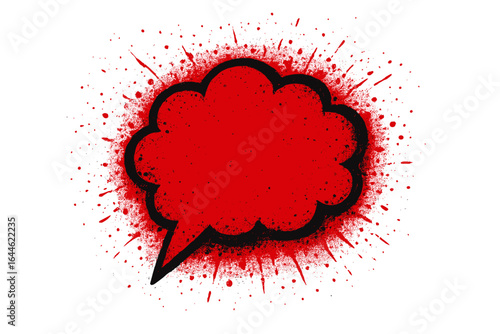 Red speech bubble vector icon with spray paint splatter frame. Grunge explosion comic graffiti style. Abstract graphic element for message or communication, isolated shape.