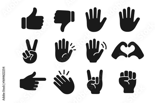 Hand gestures vector icons set. Like, dislike, love, peace, rock and wave signs. Thumbs up, heart, victory, fist and clap hands silhouette. Communication symbols.