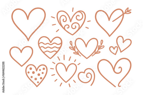 Hand-drawn heart collection. Doodle love symbols for Valentine's Day. Romantic wedding invitation elements. Playful sketch icons. Cute whimsical vector illustration set.