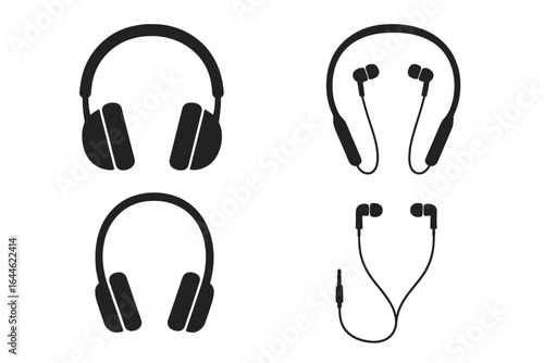 Headphones vector icon set. Audio equipment for music listening. Earphones, earbuds, headset silhouette collection. Sound device and gadget illustration. Isolated flat design.