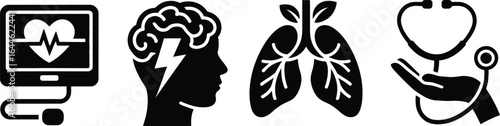 Cardiology neurology pulmonology medical icons set silhouette