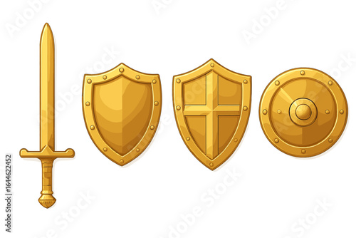 Golden sword and shield icon set. Medieval fantasy weapon, armor elements. Gold knight equipment for game, design, security logo. Vector illustration isolated on white.
