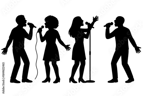 Singing silhouette vector. Diverse people singers group. Musical performance. Concert band, quartet, choir vocal concept. Soul pop music show. Men women with microphone.