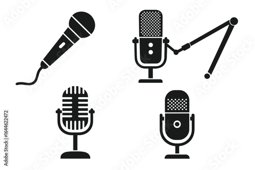 Microphone icon set for podcast, audio recording, and music. Studio mic collection. Vector silhouette for streaming, broadcast, and voice-over. Sound equipment symbols.
