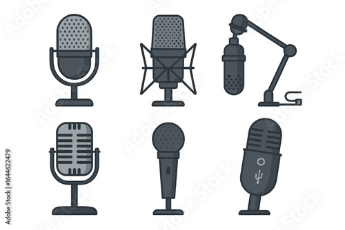 Microphone set vector icons for audio and music production. Mic collection for podcast, streaming, and sound recording. Studio, retro, and modern broadcast equipment illustration.