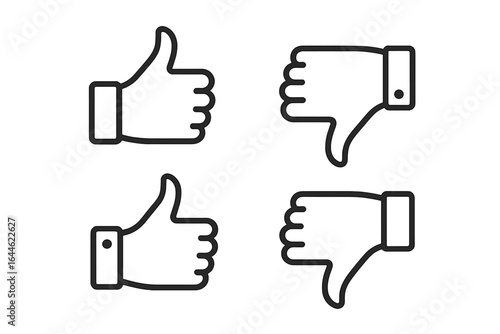 Thumbs up and thumbs down icon set. Like and dislike symbols for feedback and rating. Vector illustration of hand gestures for approval and rejection, positive and negative.