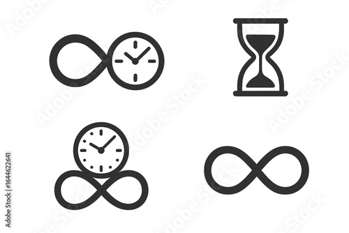 Timeless infinity concept icon set. Endless time, eternity and forever symbol collection. Clock, watch and hourglass signs. Unlimited time loop vector illustration.