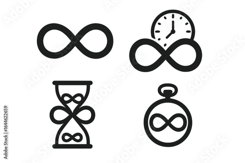 Infinity symbol icon set vector illustration. Timeless concepts of eternity, endless loop and forever. Clock, hourglass, pocket watch signs. Black minimal graphic design.