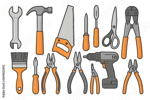 Vector tool collection for construction, repair and DIY. Handyman equipment set with hammer, saw, wrench, drill, pliers, screwdriver. Workshop hardware icons.