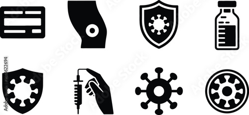 Collection of coronavirus prevention and vaccine related icons in silhouette style