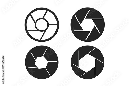 Camera shutter icon set. Aperture and diaphragm symbols. Photography and photo concept. Vector logo element for photographer or designer. Isolated lens graphic collection.