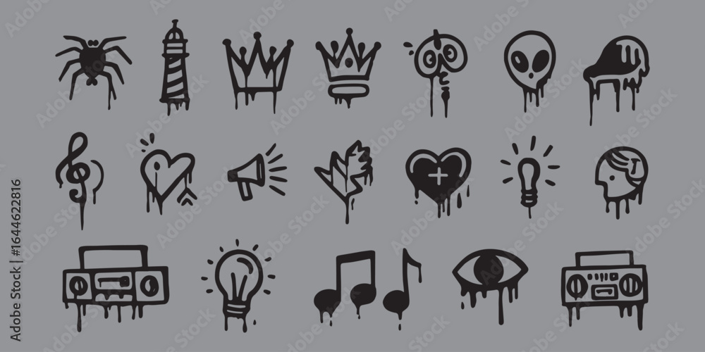 Fototapeta premium Black drip icons of spider lighthouse crowns key alien skull melting heart light bulb eye and