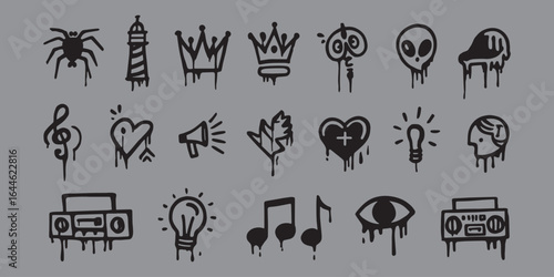 Black drip icons of spider lighthouse crowns key alien skull melting heart light bulb eye and