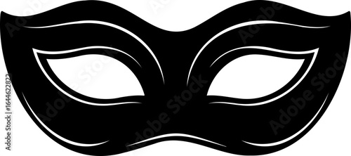 Simple black masquerade mask with white outline for eye holes and edges on a white background