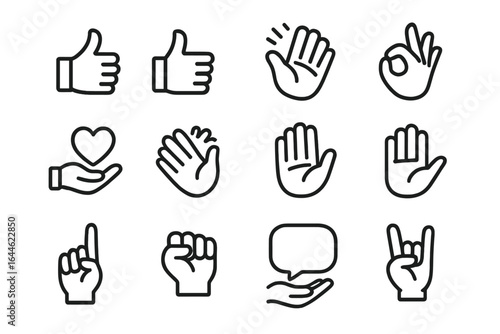 Hand gestures vector icons set. Line art collection of hands expressing emotions, messages. Thumbs up, ok, clap, heart, protest fist. Communication signs.