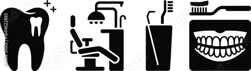 Comprehensive dental hygiene and care icons set featuring a distinctive silhouette style