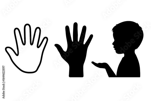 Child silhouette with hand gesture and handprint outline vector icon set. Concept of charity, care, help, support, and donation. Isolated illustration for logo design.