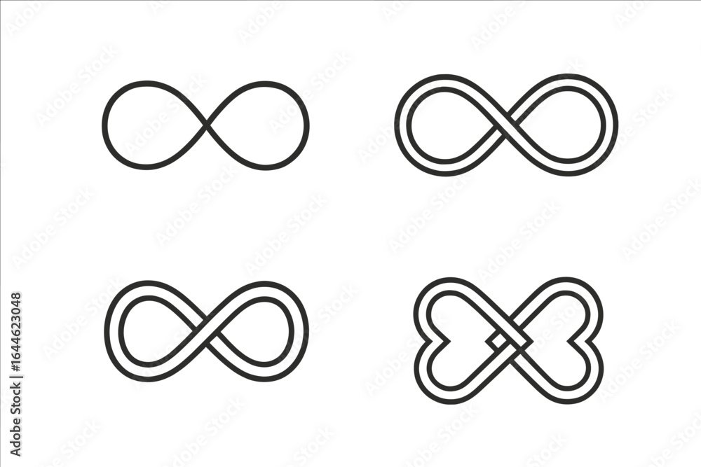 Infinity symbol vector icon set. Endless loop, infinite knot, eternal love heart shape. Abstract modern logo for branding. Simple black and white line illustration. Infinity symbol vector icon set. Endless loop, infinite knot, eternal love heart shape. Abstract modern logo for branding. Simple black and white line illustration.