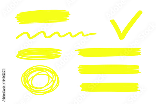 Yellow highlighter marker strokes set. Hand-drawn scribbles, underlines, circles, and checkmarks. Vibrant neon pen marks for emphasis, editing, correction, and design.