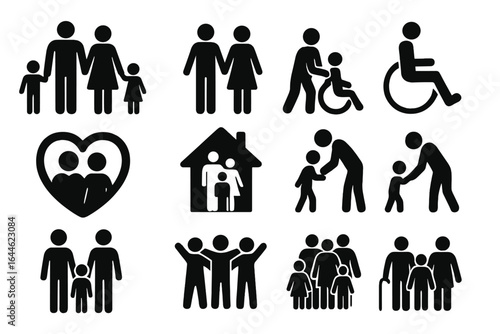 Family people icon set. Vector pictograms collection. Black silhouette of parents, children, disabled in wheelchair, gay couple, senior. Relationship, love, home, diversity.