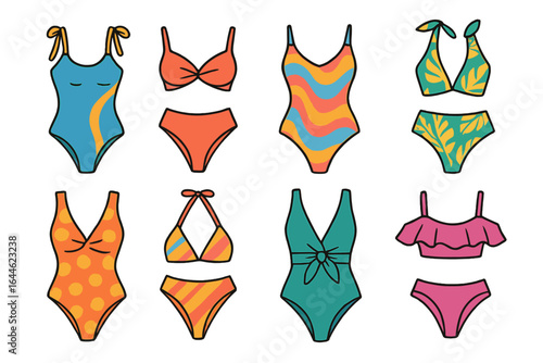 Colorful swimsuit and bikini collection. Vector set of summer beachwear fashion illustrations. Female swimwear one-piece and two-piece designs with retro patterns.