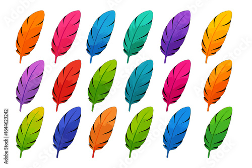 Colorful bird feather vector icon set. Realistic vibrant plumage collection. Angel wing quill design elements. Isolated boho decoration pattern. Multi-colored abstract art.