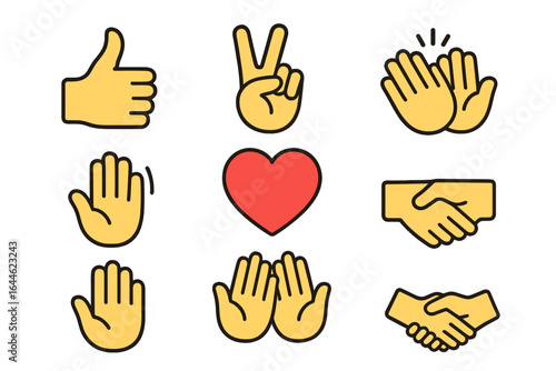 Hand gestures vector icon set. Thumbs up, like, peace sign, clapping hands, applause, waving, handshake, deal, heart, stop, and praying hands emoji collection for web.