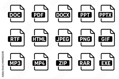 File format icon vector set. Document types, extensions. Graphic illustration labels PDF, DOC, PPT, ZIP, RAR, MP3, MP4, JPG, PNG, GIF. Data symbol for web, download.