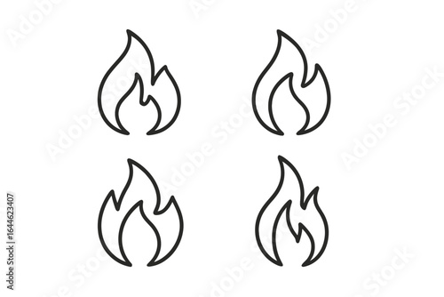 Flame icon set, minimalist fire outline design. Vector illustration. Simple bonfire symbol for web, app. Hot burn concept. Flammable, heat, energy pictogram.