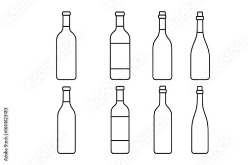 Wine bottle line art collection. Vector icon set of different glass bottles. Simple outline graphic for alcohol, beverage, bar, restaurant menu. Editable stroke illustration.
