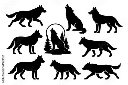 Wolf silhouettes collection. Vector set of wild canine predators. Includes running, standing, and howling wolf poses. Wildlife and nature animal icons for forest themes.