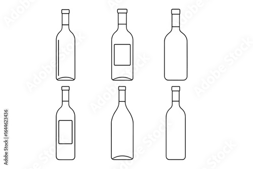 Wine bottle line art collection. Set of simple alcohol beverage outline icons. Vector illustration for bar menu, winery, or restaurant. Blank label template for branding.