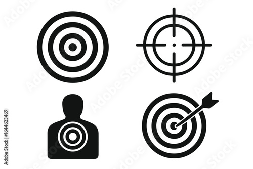Target vector set with bullseye, dartboard, crosshairs, aiming silhouette, shooting targets, archery accuracy, precision, concentric circles, competition and sports icons
