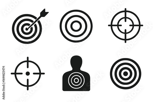 Target vector set with bullseye dartboard, crosshairs and aim silhouettes, shooting targets, archery accuracy and precision, concentric circles, competition symbols, aiming icons