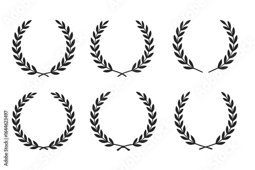 Laurel wreath vector icon set for logo, badge, award design. Symbol of victory, honor, success, achievement, and glory. Winner emblem, olive branch silhouette collection.