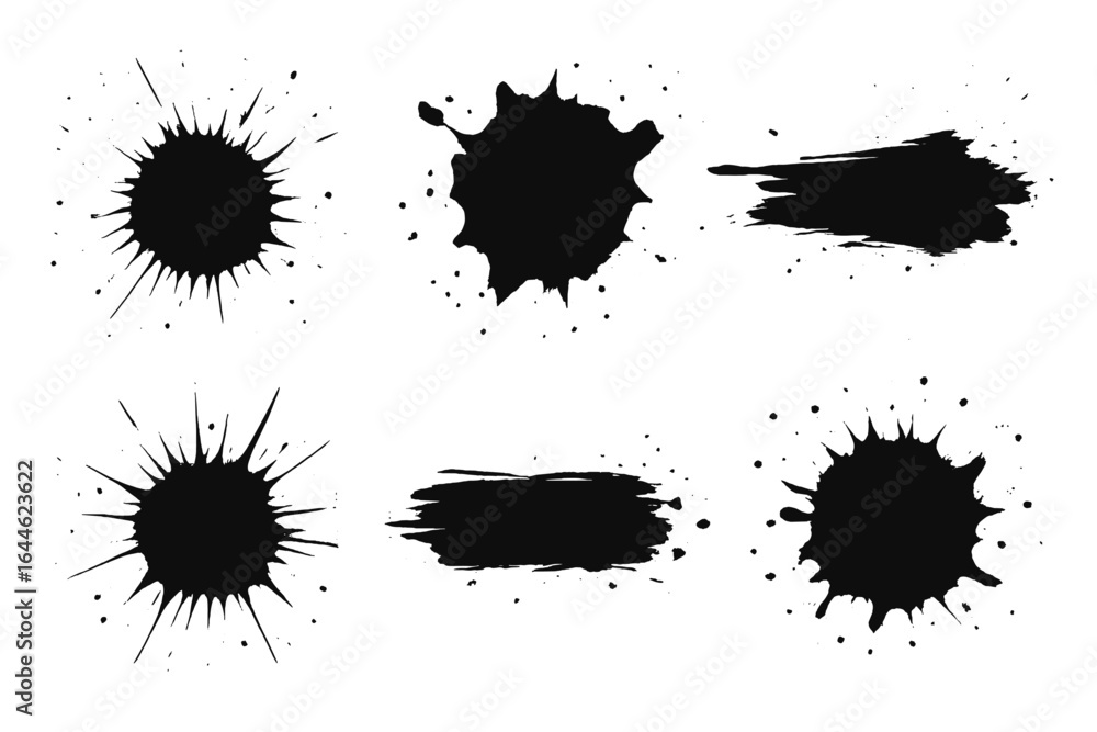 Black ink splatter set. Grunge paint blots and brush strokes. Abstract dirty splash shapes for creative design. Artistic texture background element. Vector silhouette illustration.