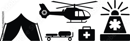 Collection of emergency response vehicles and equipment in silhouette